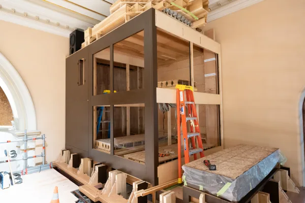 The timber framework of the Bicentennial Pipe Organ case under construction inside St James' Church