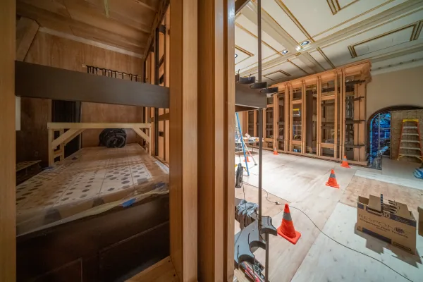 Interior of the part-built Bicentennial Pipe Organ case, looking out across the church during installation