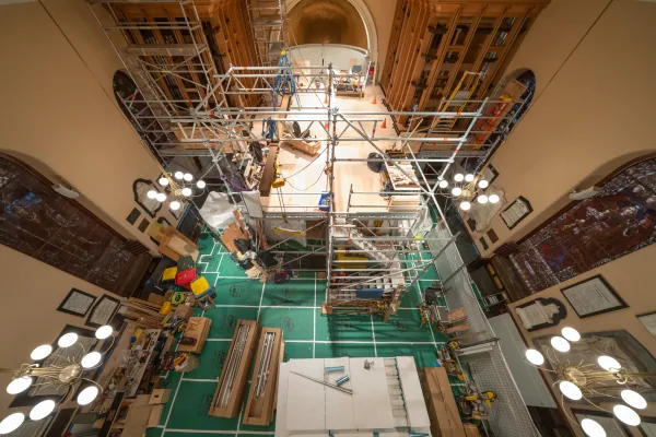Scaffolding erected across the sanctuary of St James' Church during installation of the Bicentennial Pipe Organ