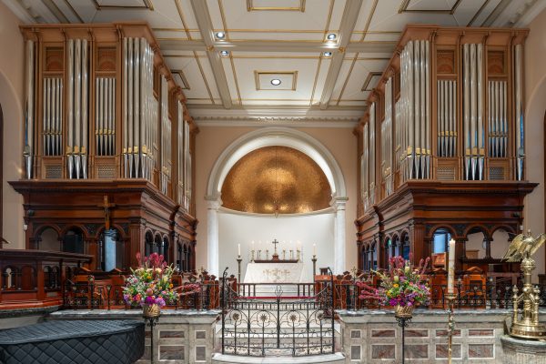 Interior of St James' Church looking towards the sanctuary, flanked by the two cases of the Bicentennial Pipe Organ