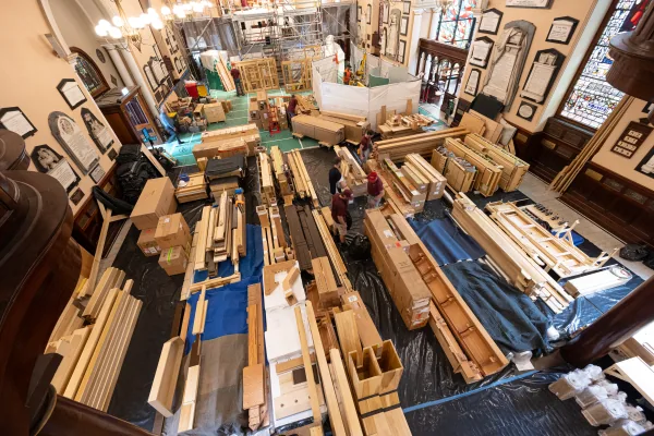 Organ components laid out across the floor of St James' Church during delivery of the Bicentennial Pipe Organ